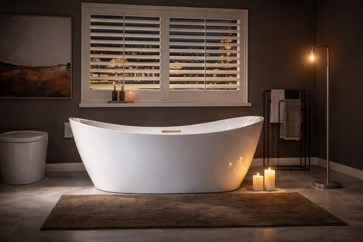 Luxury freestanding bathtub in a bright modern bathroom interior